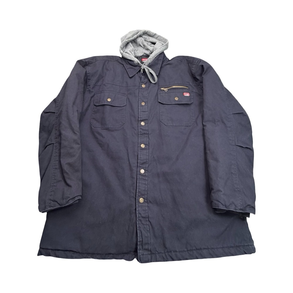Wrangler Shirt Jacket Men 2XL Navy Blue Workwear Hooded Quilted Line Canvas Coat
